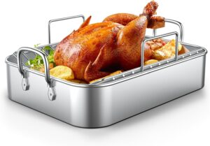 Roasting Pan, 17*13 Inch Stainless steel Turkey Roaster with Rack - Deep Broiling Pan & V-shaped Rack & Flat Rack, Non-toxic & Heavy Duty, Great