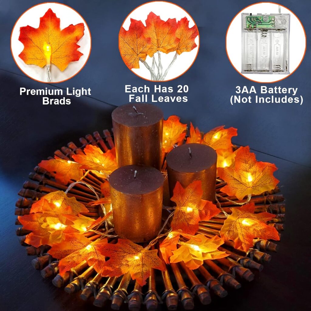 Thanksgiving Decorations Enlarged Maple Leaf Thanksgiving Decor Fall Lights Thick Leaf Garlands,Total 20Ft 40LED Battery Operated Waterproof Halloween Fall Decor Home Indoor Outdoor