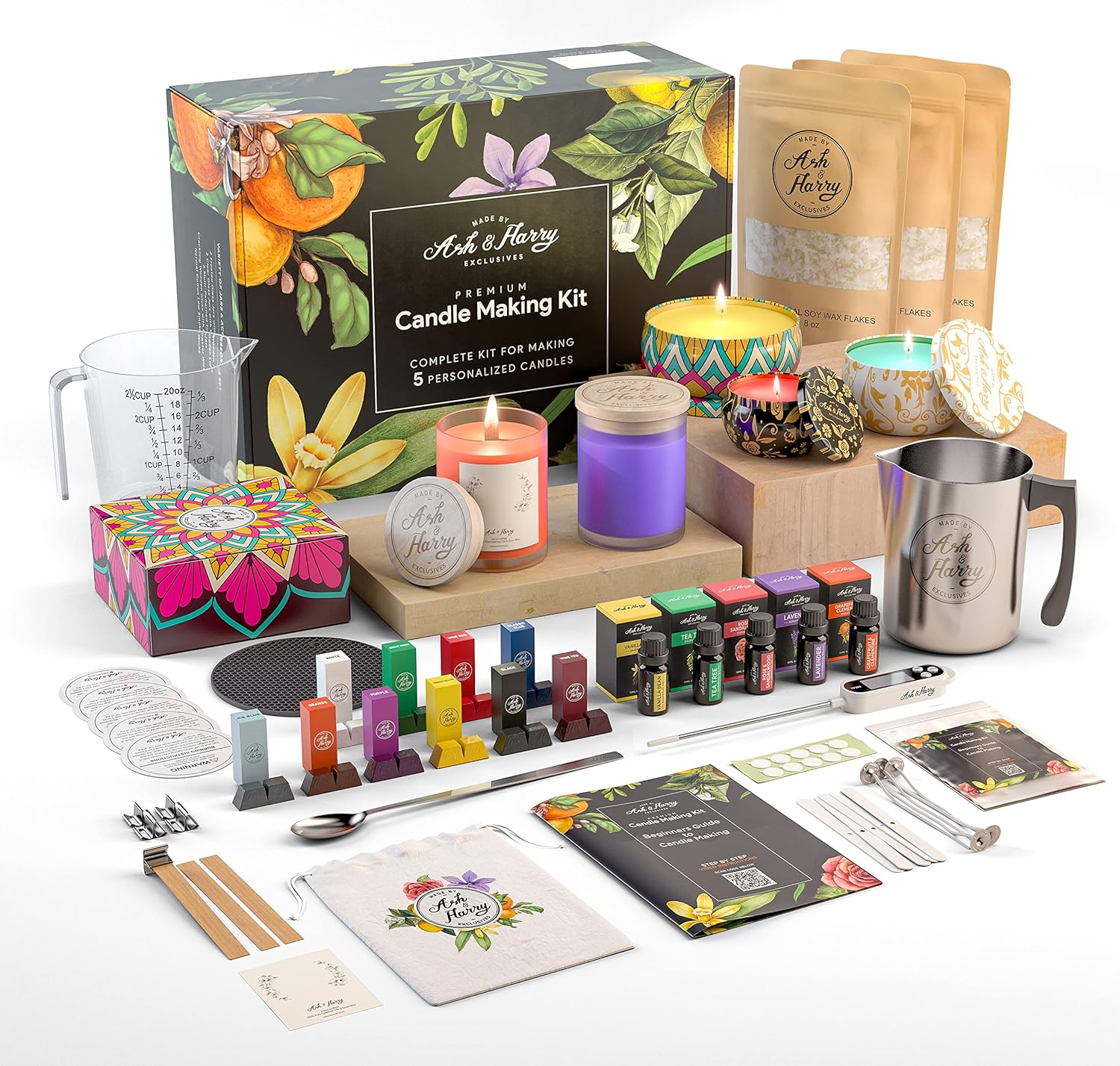 ASH & HARRY (USA Based Company Premium Soy Candle Making Kit - Full Set - Big Glass Jars & Tins Soy Wax for Candle Making - DIY Starter Candles