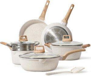 CAROTE Pots and Pans Set white Nonstick, White Granite Induction Kitchen Cookware Sets, 10 Pcs Non Stick Cooking Set w:Frying Pans & Saucepans(PFOS, PFOA Free)