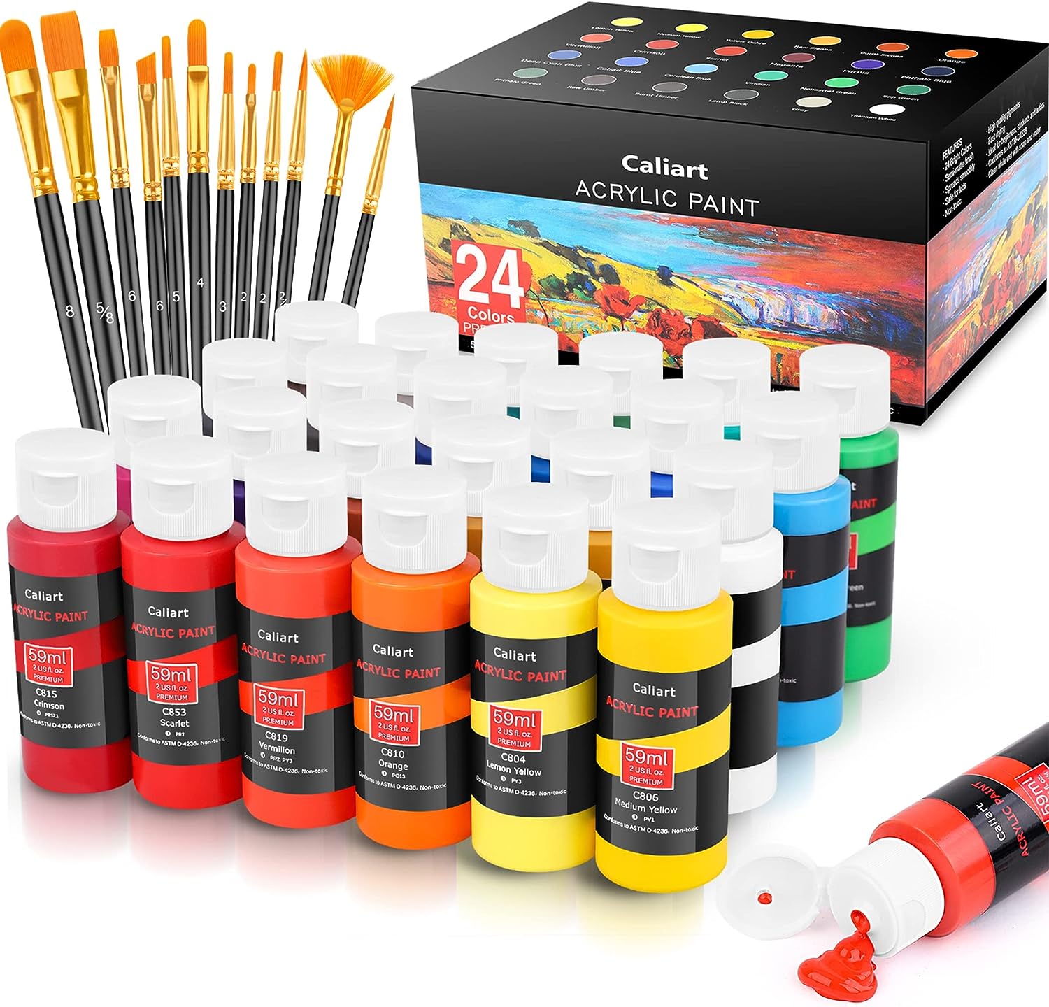 Caliart Acrylic Paint Set With 12 Brushes, 24 Colors (59ml, 2oz) Art Craft Paints Gifts for Artists Kids Beginners & Painters, Halloween Pumpkin Canvas.