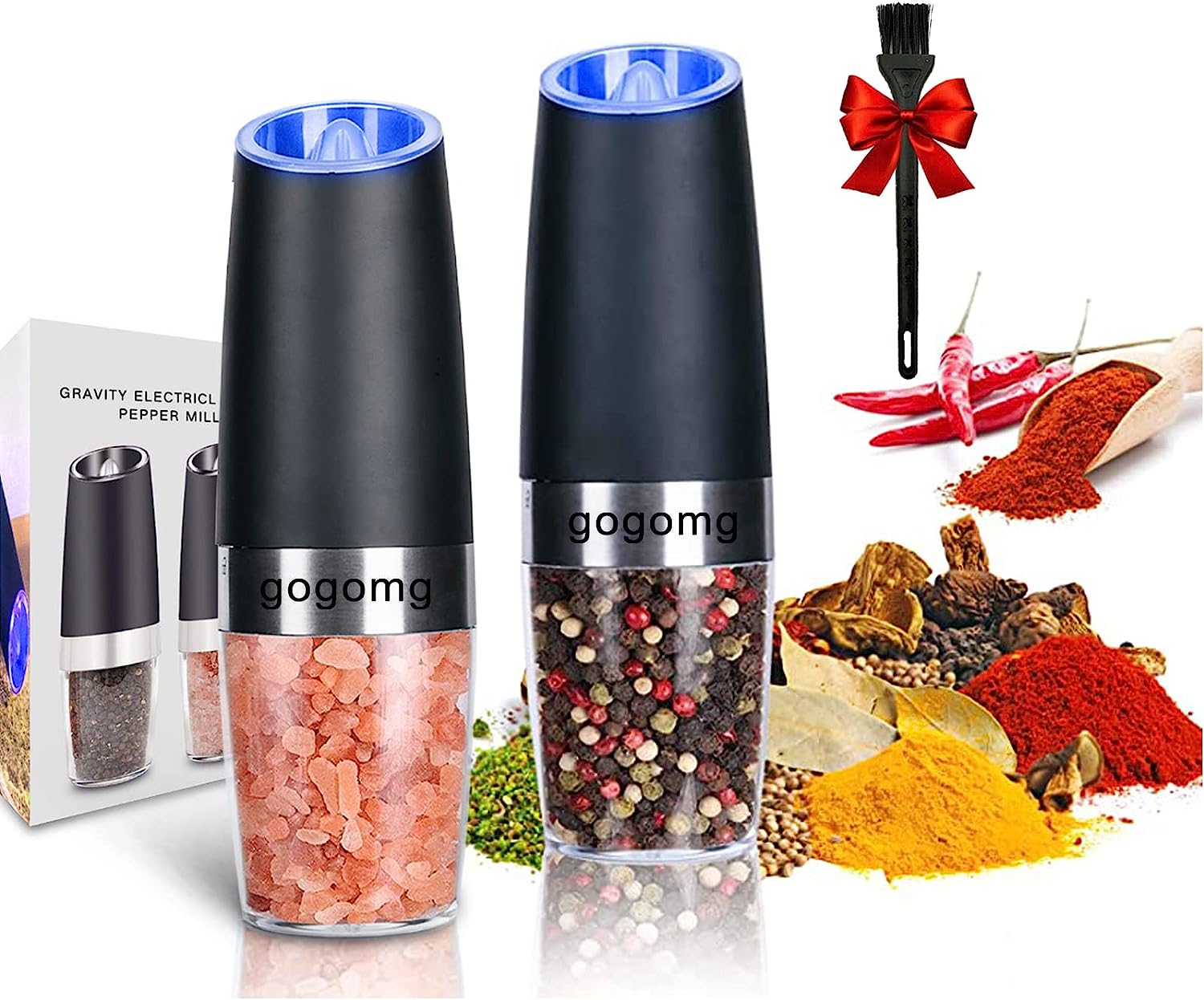 Electric Salt and Pepper Grinder Set, Gravity Sensor, Automatic Pepper Mill, One Hand Operation, Battery-Operated with Adjustable Coarseness, Blue Led Light