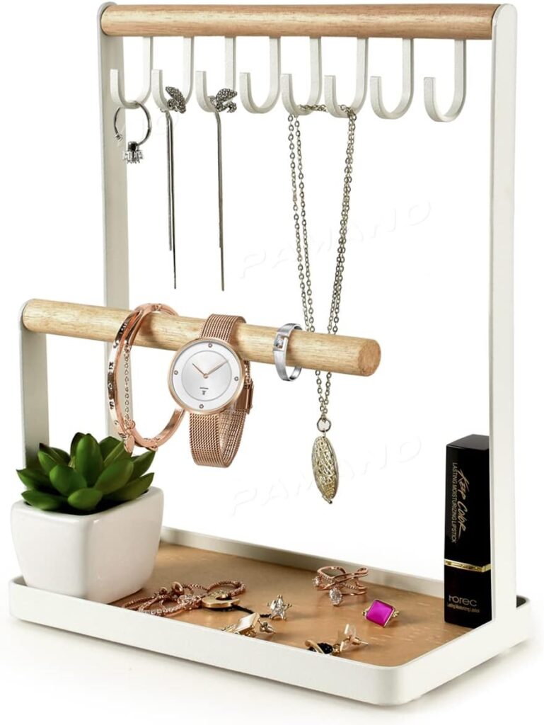 Jewelry Stand Holder, 3-Tier Necklace Hanging Wooden Ring Organizer Earring Tray, 8 Hooks Storage Necklaces, Bracelets, Rings & Watches Display.