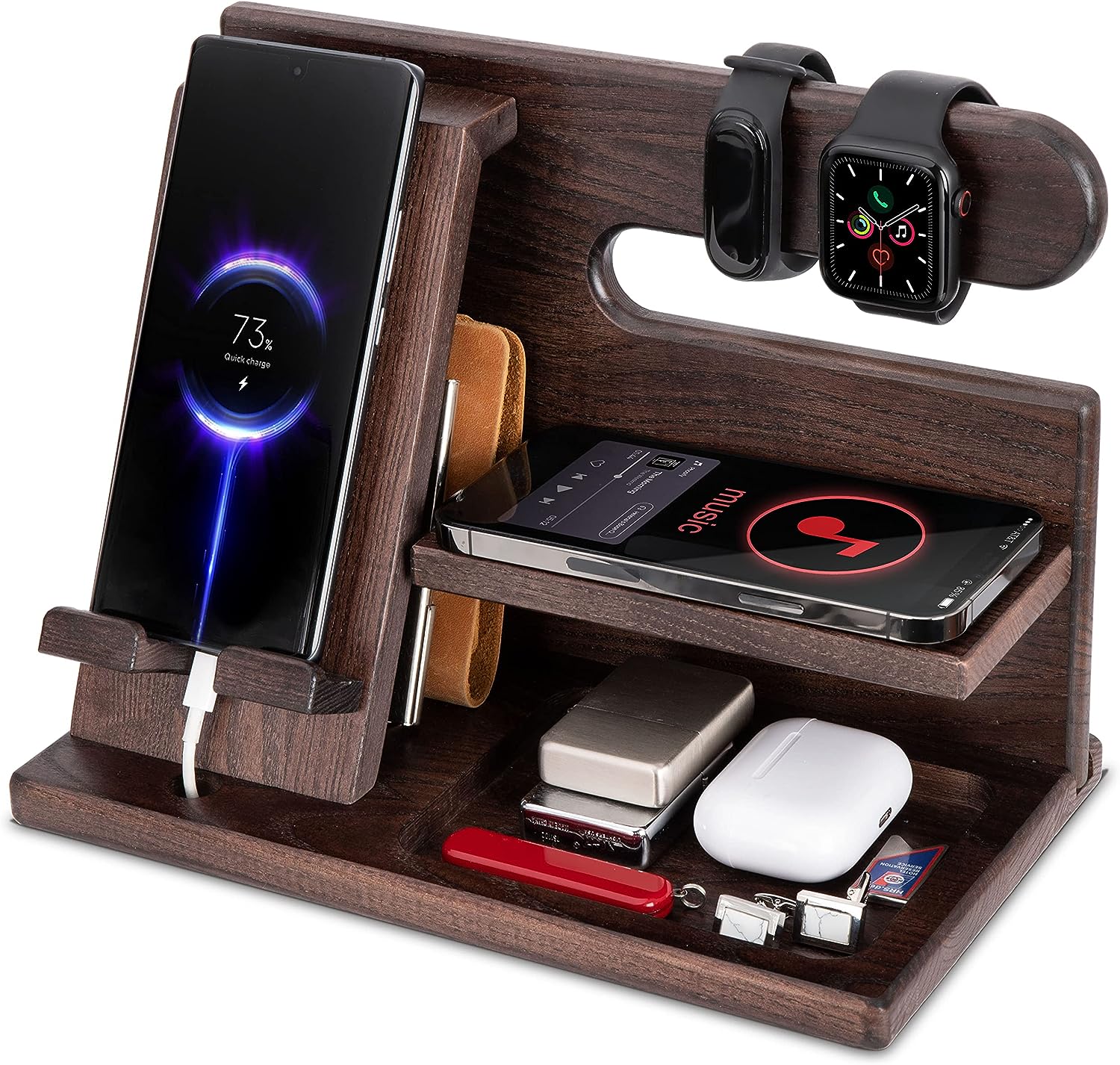  MyFancyCraft,Gifts for Men Wood Phone Docking Station Ash Key Holder Gift for Him Cell Phone Stand Organizer Dad Birthday Husband Anniversary Nightstand