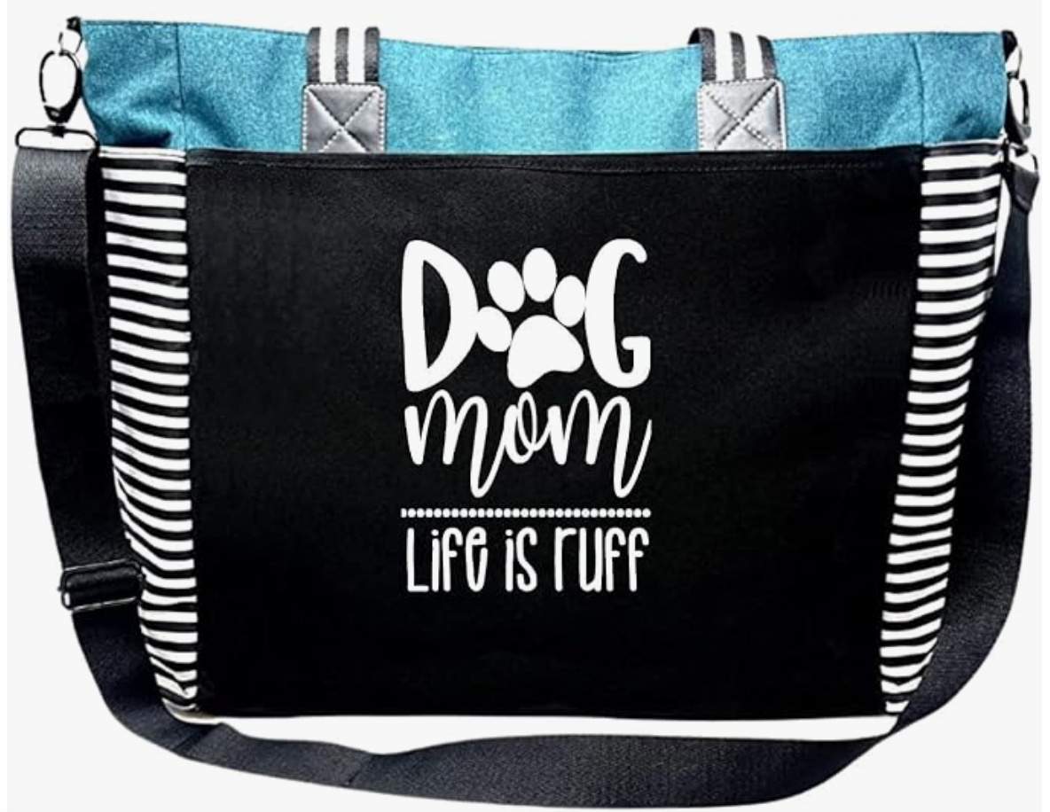 dog mom tote bag animal black striped teal