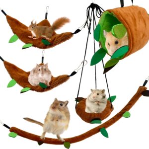 MUYG Hamster Hammock,Small Animal Hanging Hideout Tunnel Sleeping Set Plush Swing Warm Bed House Cage Nest Accessories for Sugar Glider,Squirrel,Brown(5 Pcs)