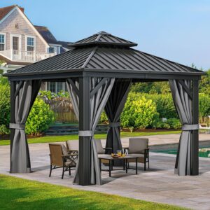 YITAHOME 10x10ft Hardtop Gazebo with Nettings and Curtains, Heavy Duty Double Roof Galvanized Steel Outdoor Combined of Vertical Stripes Roof for Pati