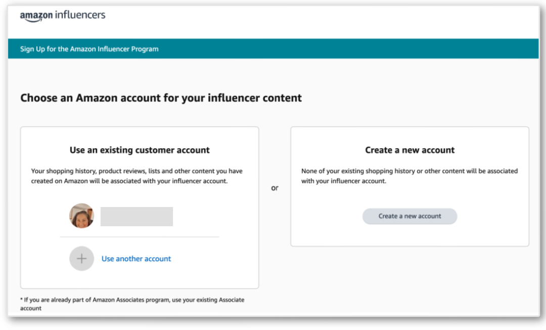 sign up for the amazon influencer program choose account new