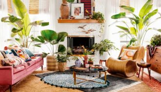 colorful boho living room style earthy vibrant plants