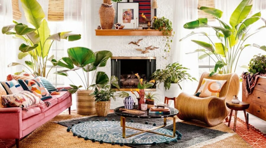 colorful boho living room style earthy vibrant plants